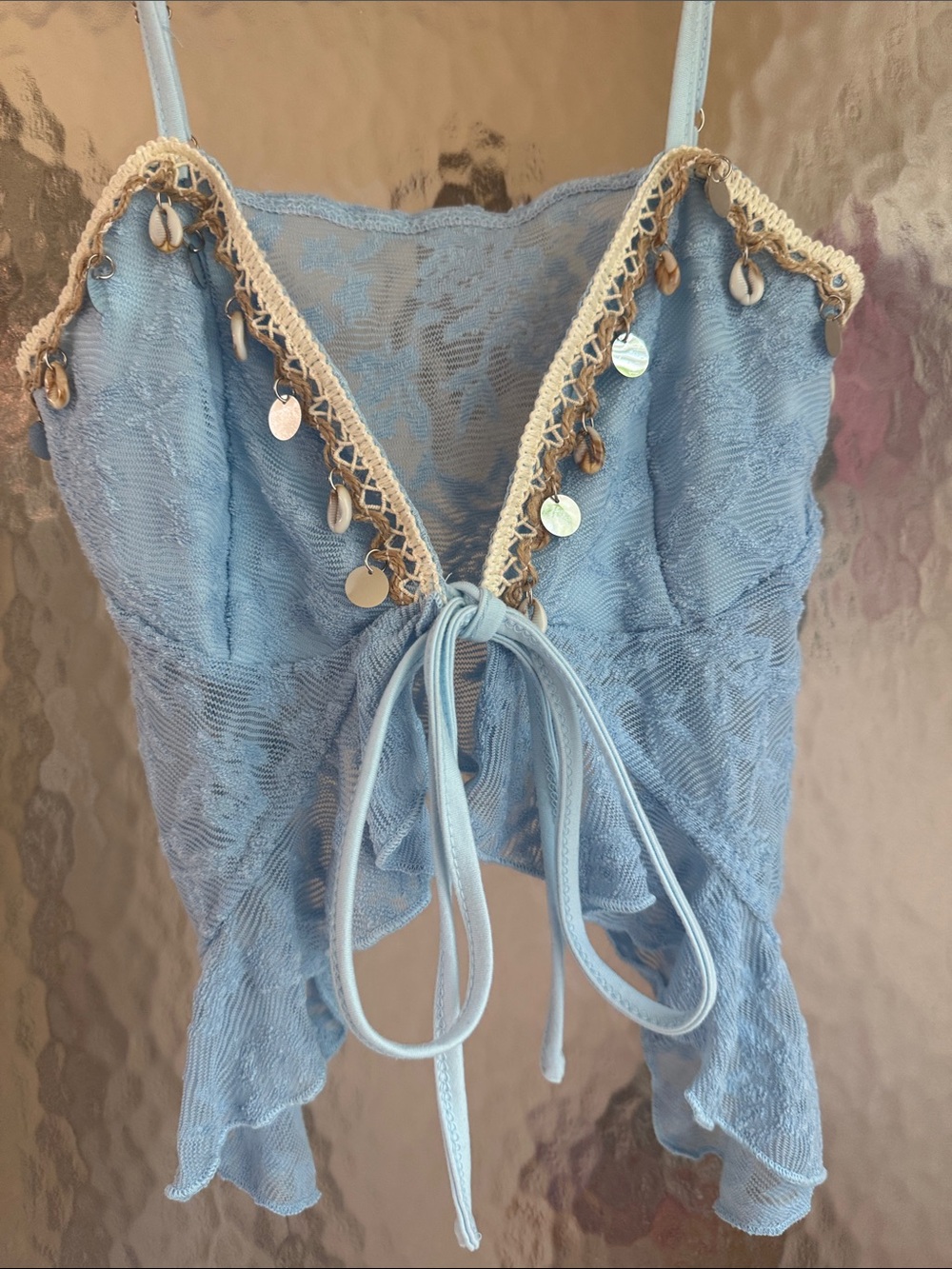 Light Blue Lace-Trim Tie-Front Cami Top - Picture 5 of 6